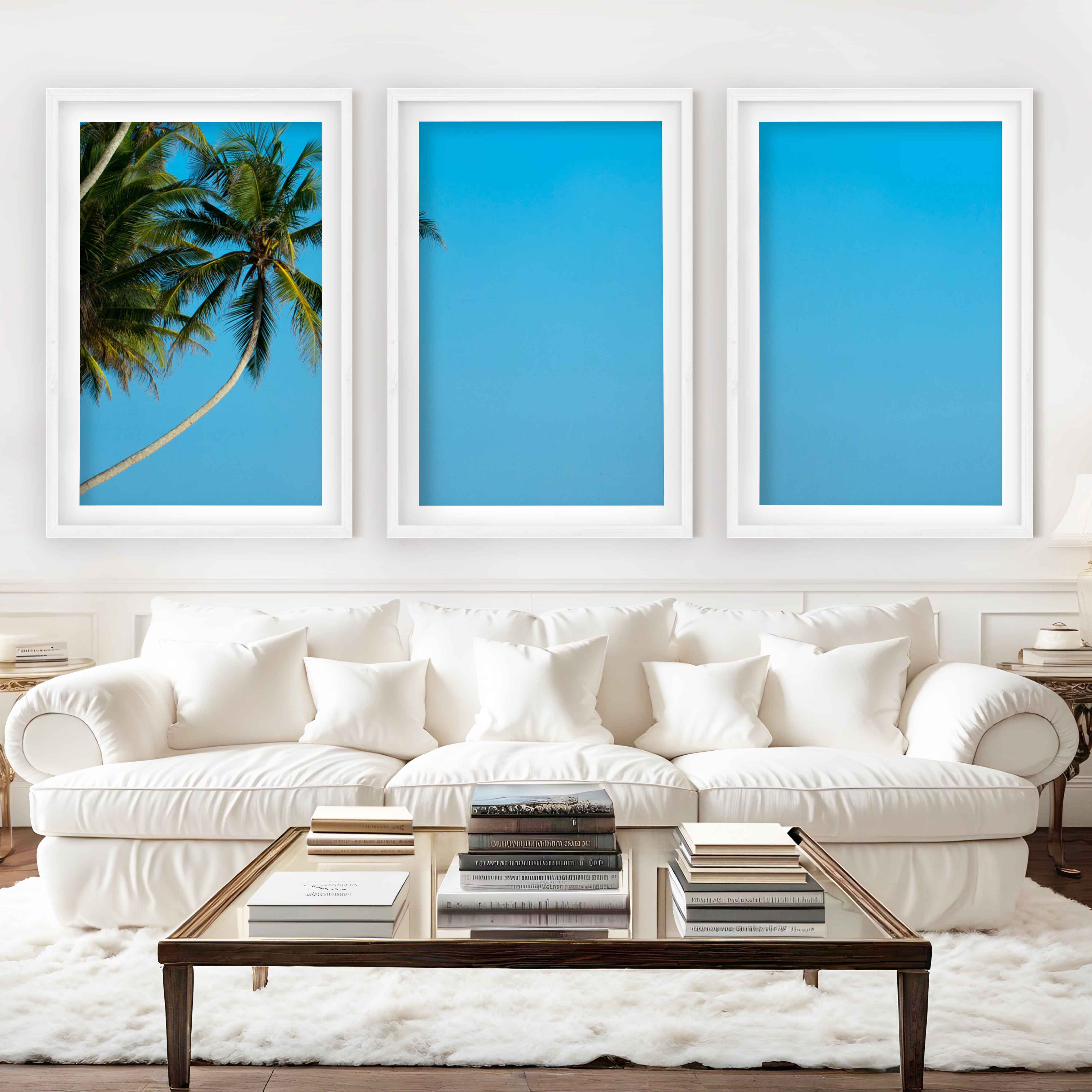 Set of 3 Wall Art – Tropical Palm Trees and Calm Blue Sea - White Framed Poster with White Border - Artworksets