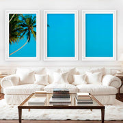 Set of 3 Wall Art – Tropical Palm Trees and Calm Blue Sea - White Framed Poster with White Border - Artworksets