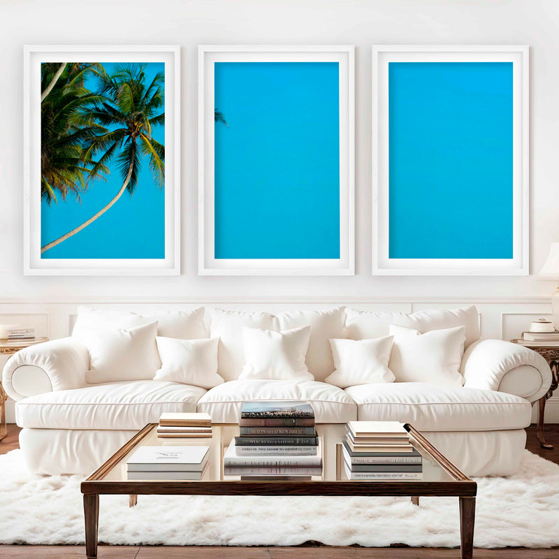 Set of 3 Wall Art – Tropical Palm Trees and Calm Blue Sea - White Framed Poster with White Border - Artworksets