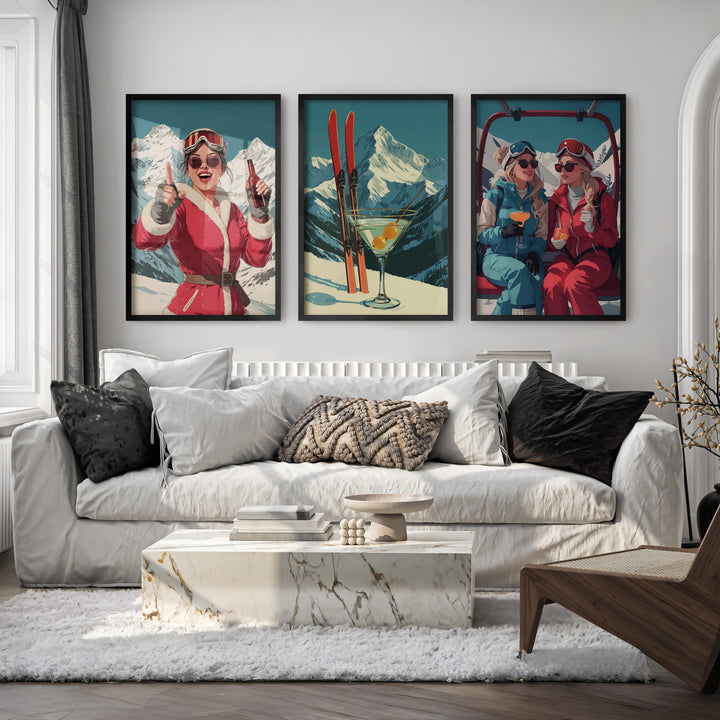 Ski Retro Poster Set of 3 – Vintage Skiing Wall Art - Black Framed Poster No Border - Artworksets
