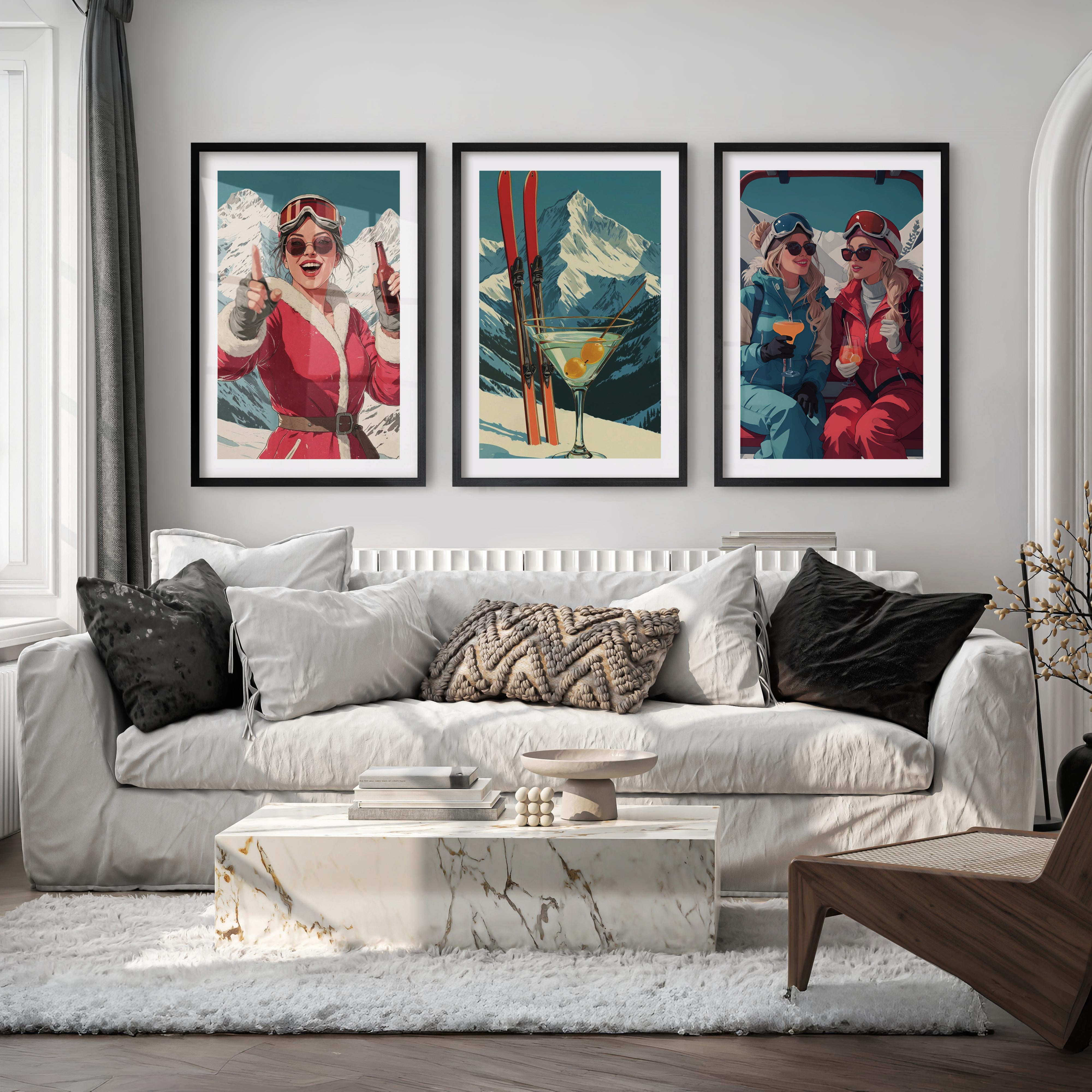 Ski Retro Poster Set of 3 – Vintage Skiing Wall Art - Black Framed Poster with White Border - Artworksets