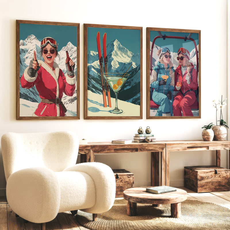 Ski Retro Poster Set of 3 – Vintage Skiing Wall Art - Dark Brown Framed Poster No Border - Artworksets