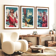 Ski Retro Poster Set of 3 – Vintage Skiing Wall Art - Dark Brown Framed Poster with White Border - Artworksets