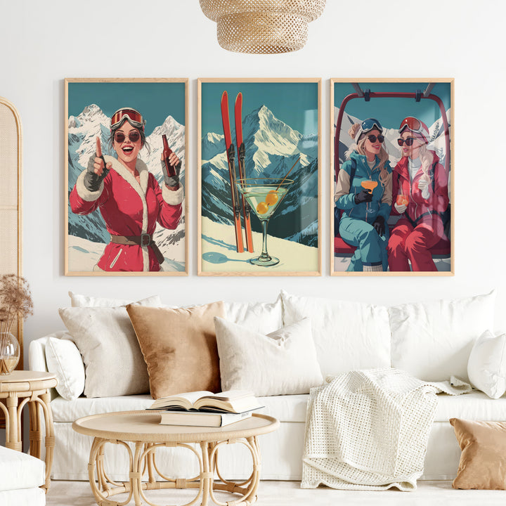 Ski Retro Poster Set of 3 – Vintage Skiing Wall Art - Natural Wood Framed Poster No Border - Artworksets