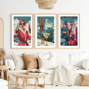 Ski Retro Poster Set of 3 – Vintage Skiing Wall Art- Natural Wood Framed Poster with White Border - Artworksets