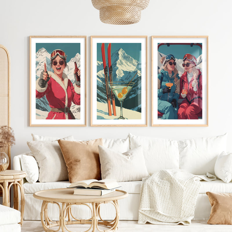 Ski Retro Poster Set of 3 – Vintage Skiing Wall Art- Natural Wood Framed Poster with White Border - Artworksets