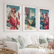 Ski Retro Poster Set of 3 – Vintage Skiing Wall Art - White Framed Poster with White Border - Artworksets