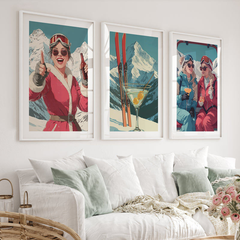 Ski Retro Poster Set of 3 – Vintage Skiing Wall Art - White Framed Poster with White Border - Artworksets