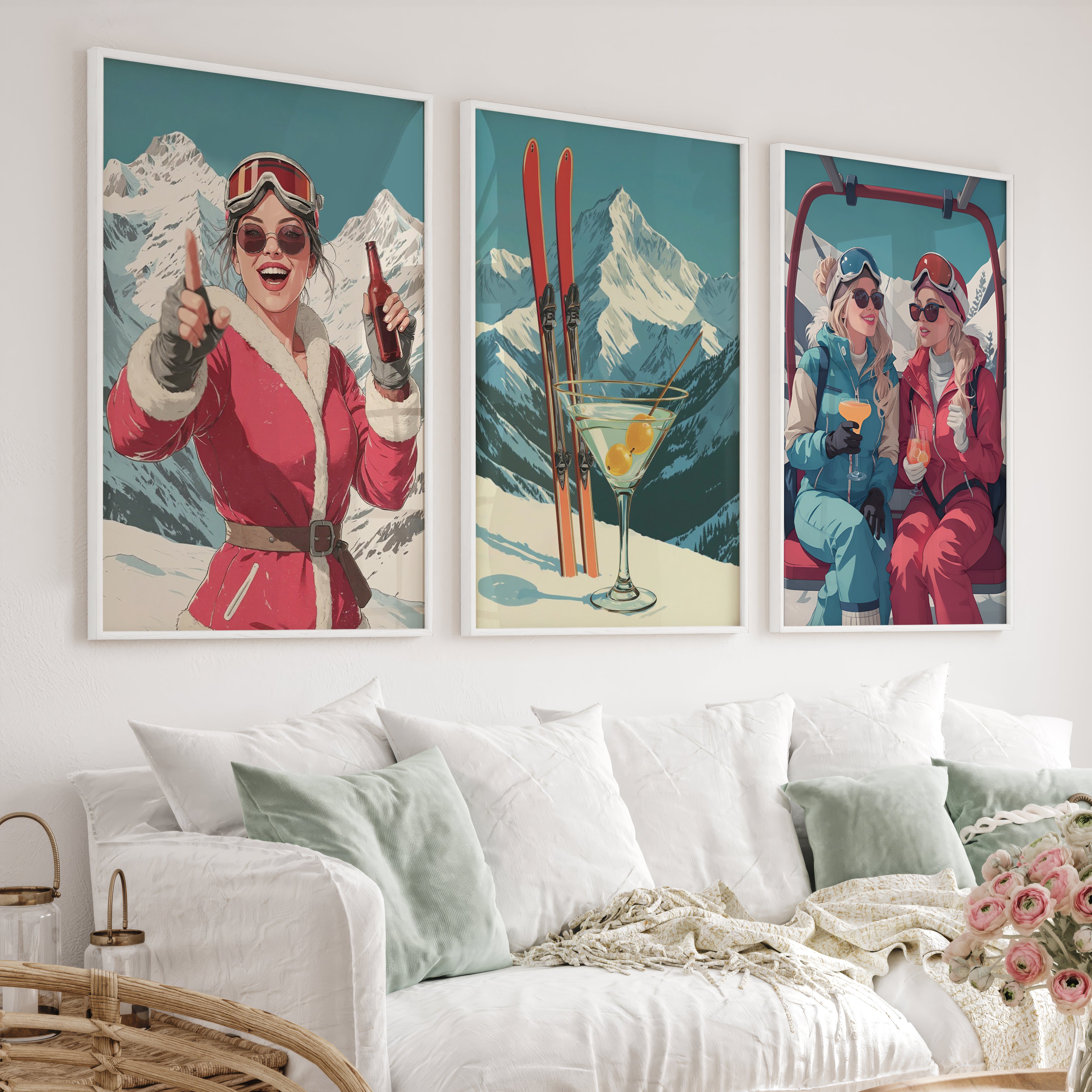 Ski Retro Poster Set of 3 – Vintage Skiing Wall Art - White Framed Poster No Border - Artworksets