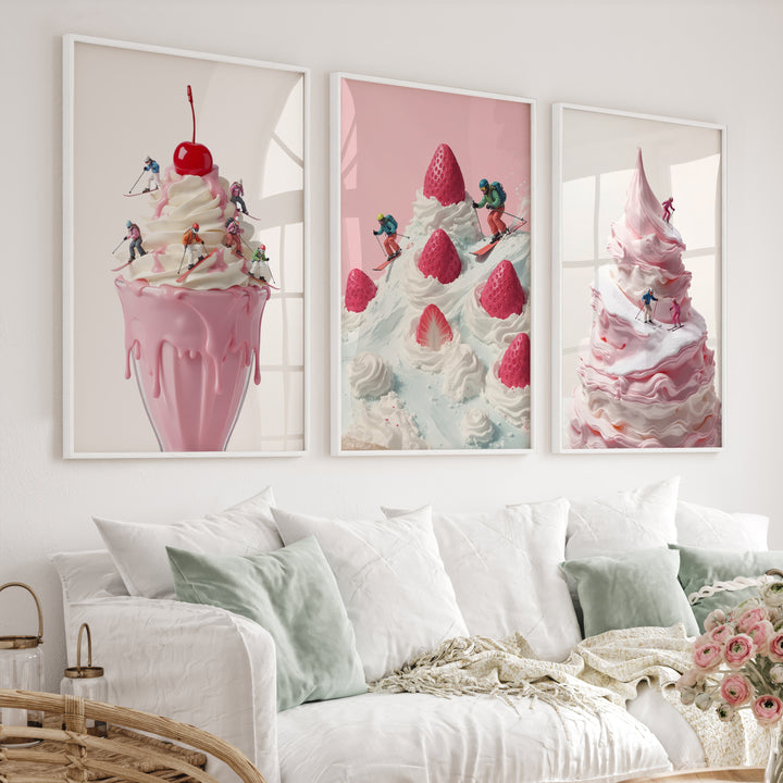 Snow Skiing Wall Art Set of 3 – Strawberry Dessert Prints - White Framed Poster No Border - Artworksets