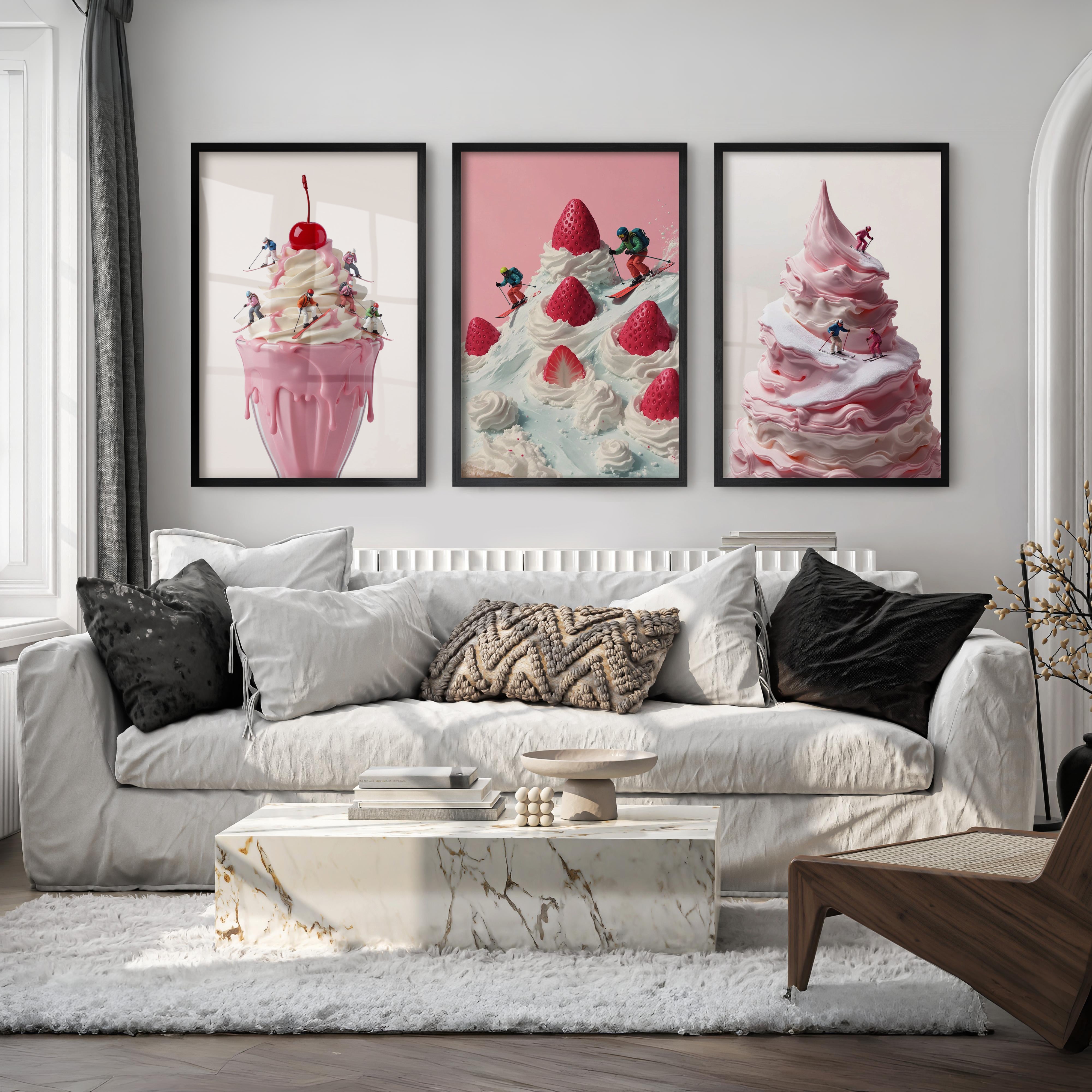Snow Skiing Wall Art Set of 3 – Strawberry Dessert Prints - Black Framed Poster No Border - Artworksets