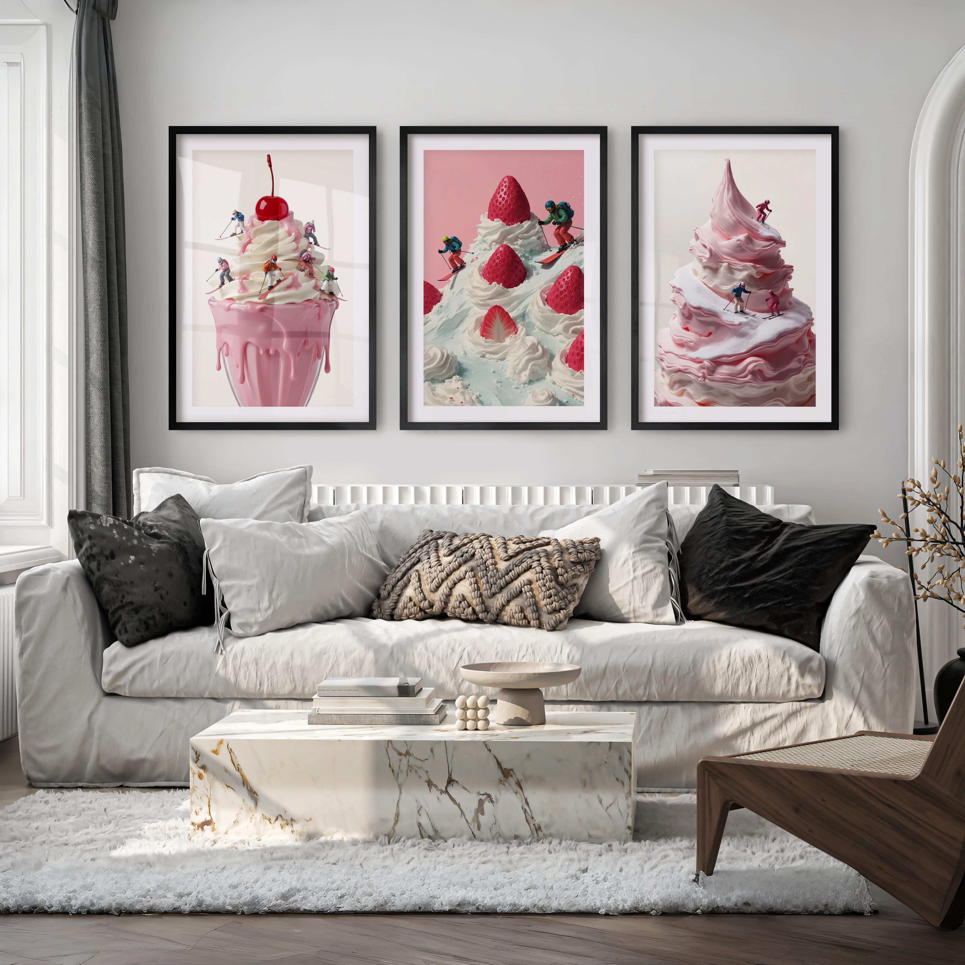 Snow Skiing Wall Art Set of 3 – Strawberry Dessert Prints - Black Framed Poster with White Border - Artworksets