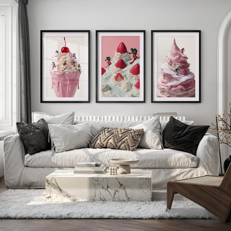 Snow Skiing Wall Art Set of 3 – Strawberry Dessert Prints - Black Framed Poster with White Border - Artworksets