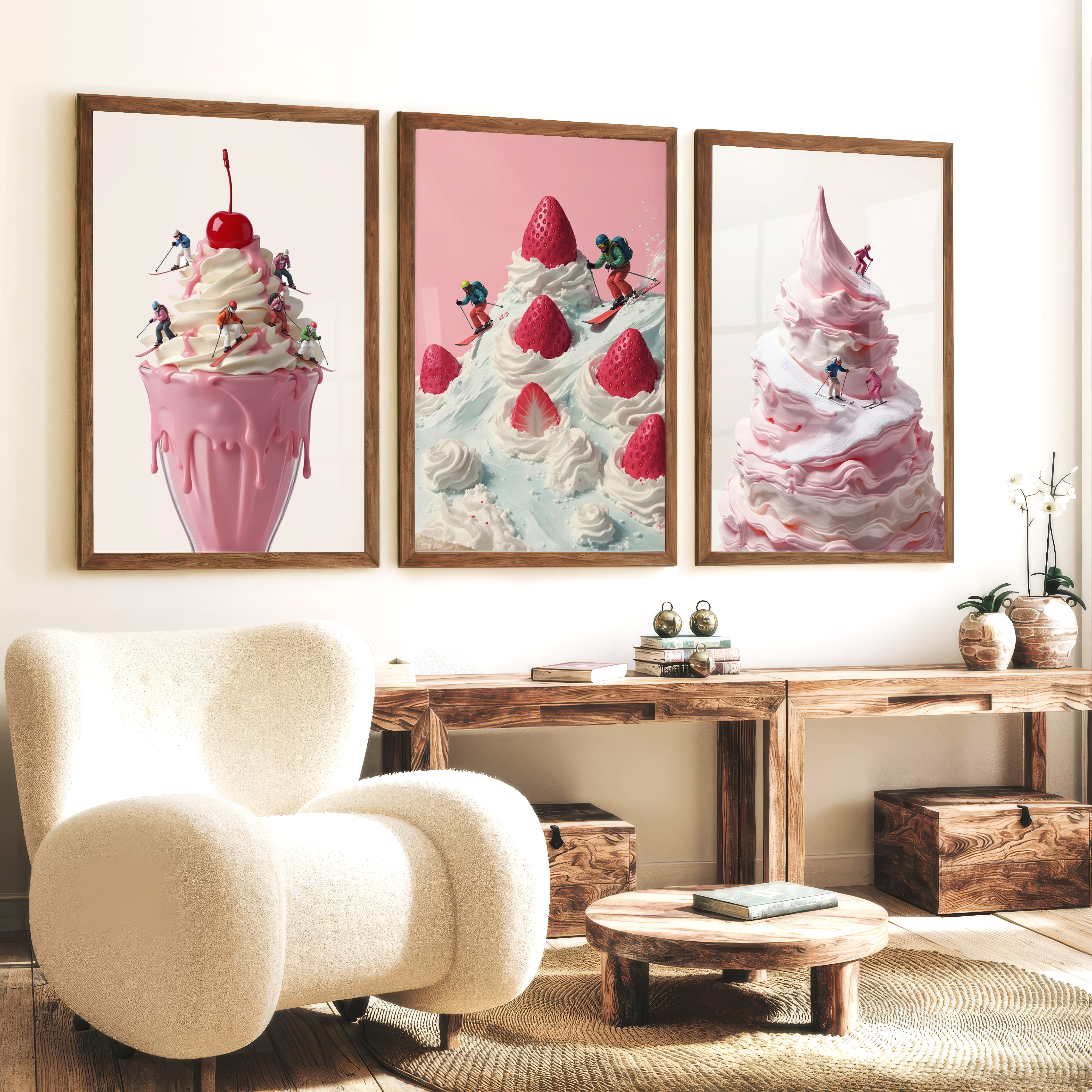 Snow Skiing Wall Art Set of 3 – Strawberry Dessert Prints - Dark Brown Framed Poster No Border - Artworksets