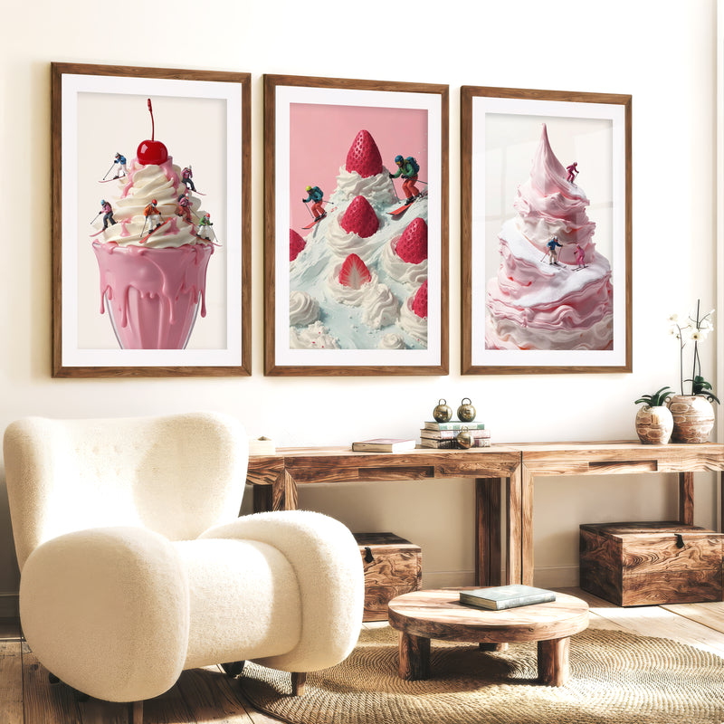 Snow Skiing Wall Art Set of 3 – Strawberry Dessert Prints - Dark Brown Framed Poster with White Border - Artworksets