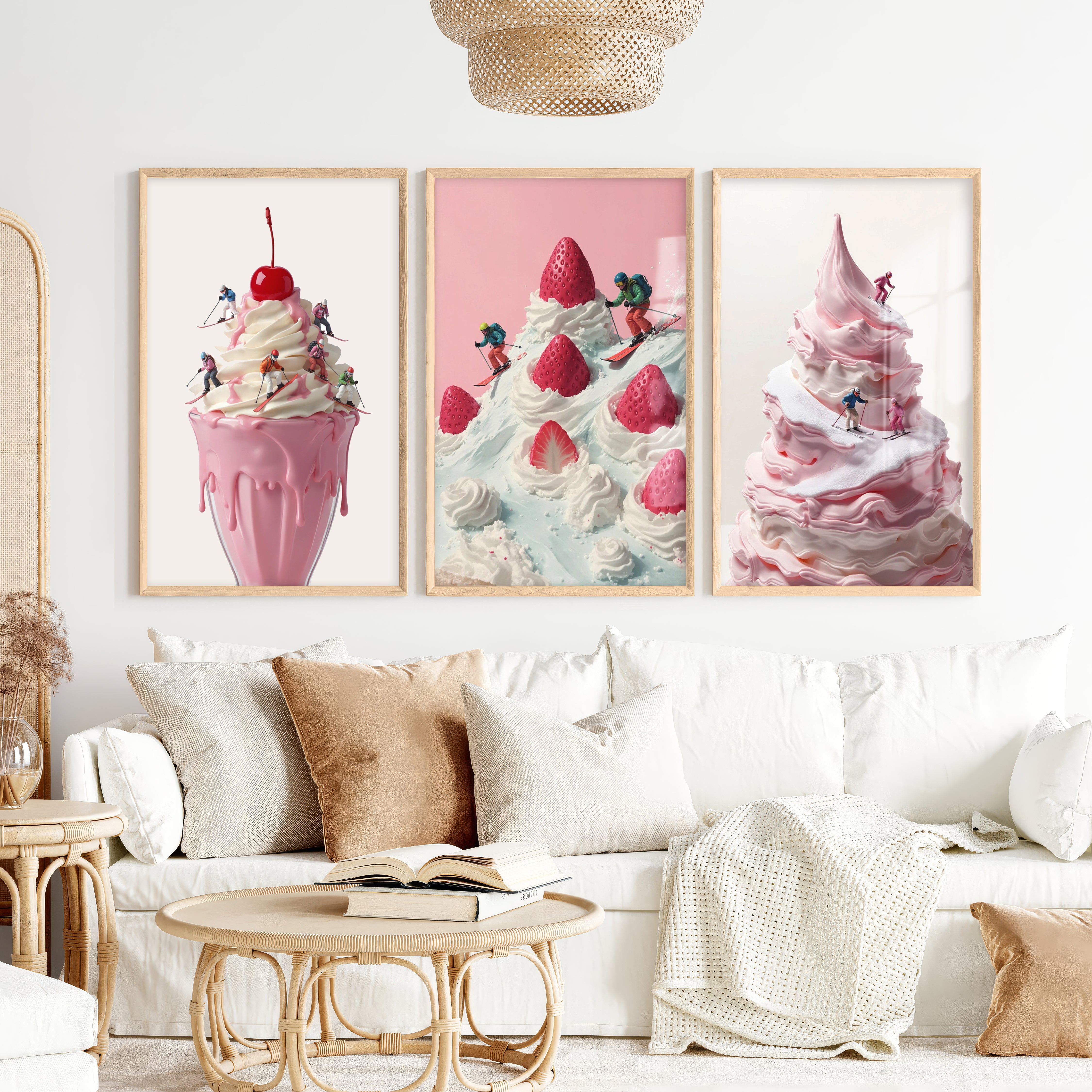 Snow Skiing Wall Art Set of 3 – Strawberry Dessert Prints - Natural Wood Framed Poster No Border - Artworksets