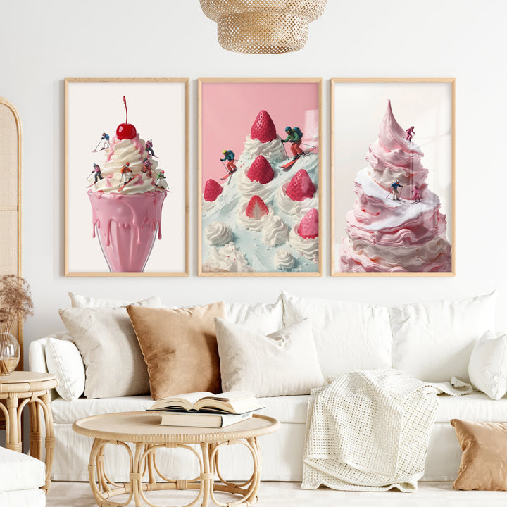 Snow Skiing Wall Art Set of 3 – Strawberry Dessert Prints - Natural Wood Framed Poster No Border - Artworksets