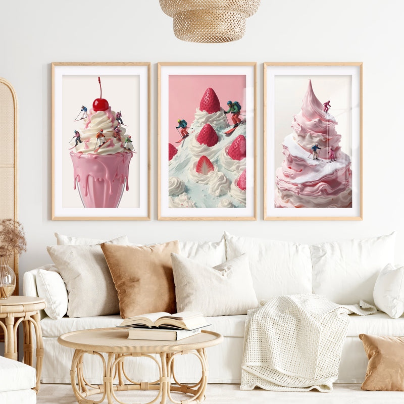 Snow Skiing Wall Art Set of 3 – Strawberry Dessert Prints- Natural Wood Framed Poster with White Border - Artworksets