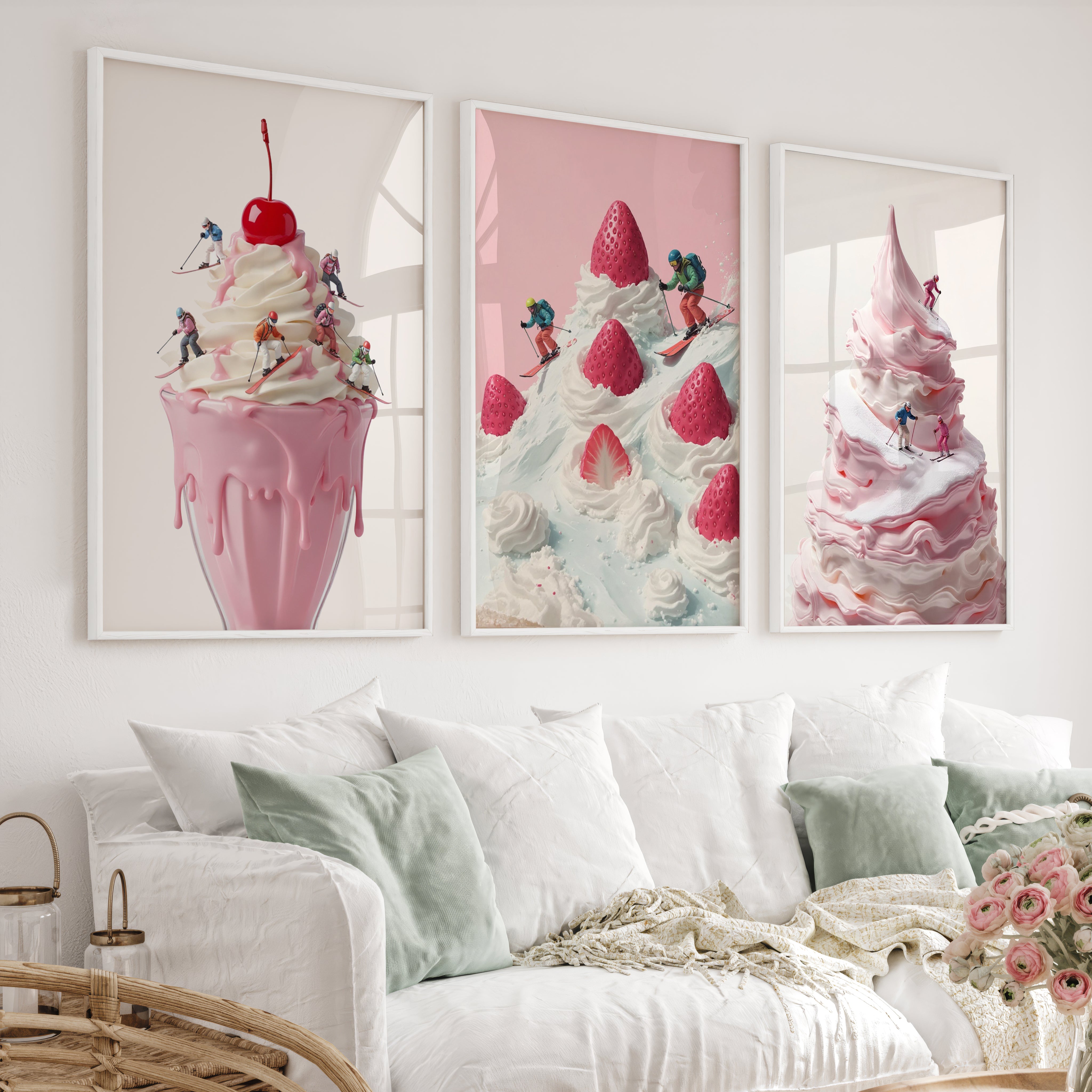 Snow Skiing Wall Art Set of 3 – Strawberry Dessert Prints - White Framed Poster No Border - Artworksets