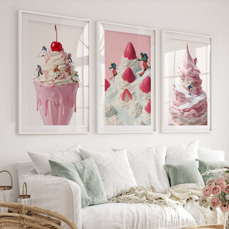 Snow Skiing Wall Art Set of 3 – Strawberry Dessert Prints - White Framed Poster with White Border - Artworksets