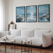 Sunny Beach Triptych with Cold Colors Viewed from a Cliff - Black Framed Poster No Border - Artworksets