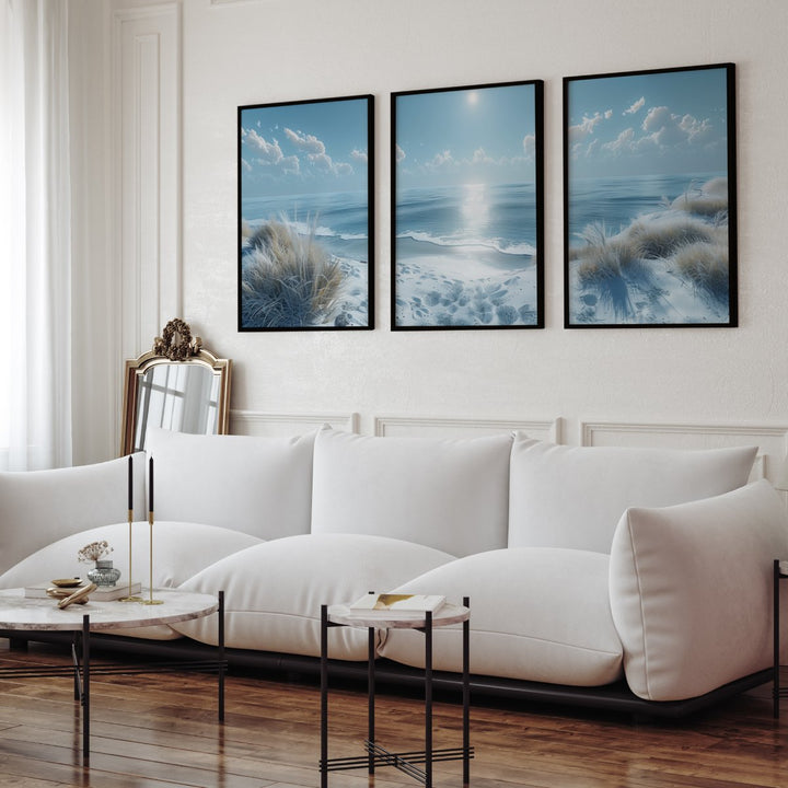 Sunny Beach Triptych with Cold Colors Viewed from a Cliff - Black Framed Poster No Border - Artworksets