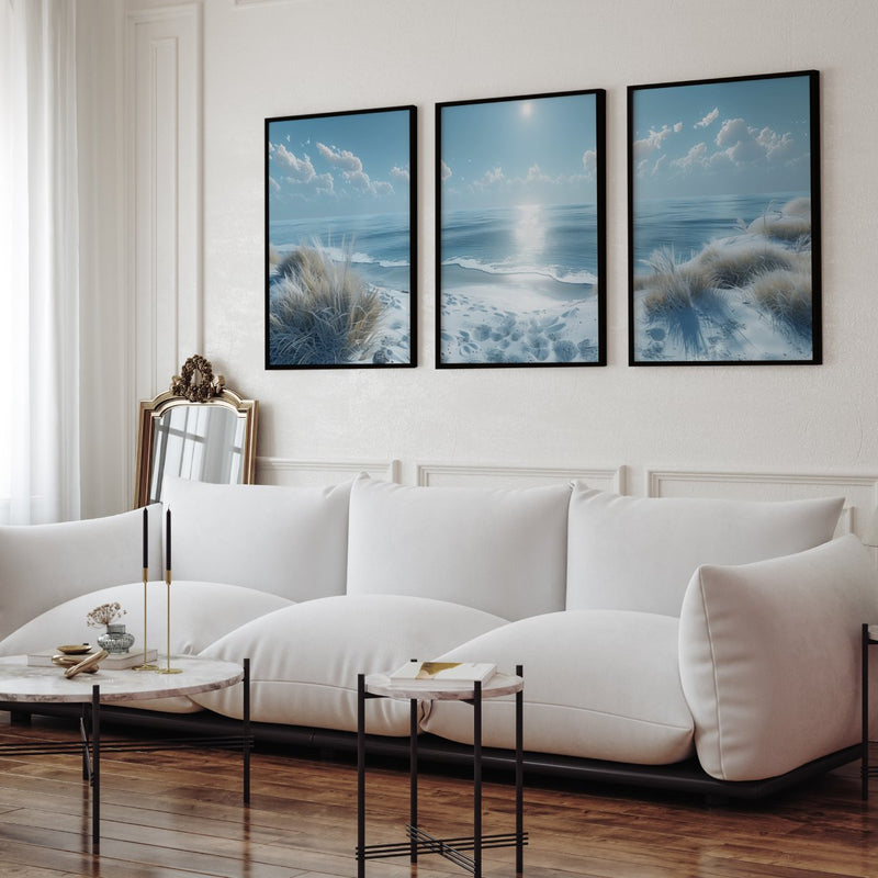 Sunny Beach Triptych with Cold Colors Viewed from a Cliff - Black Framed Poster No Border - Artworksets