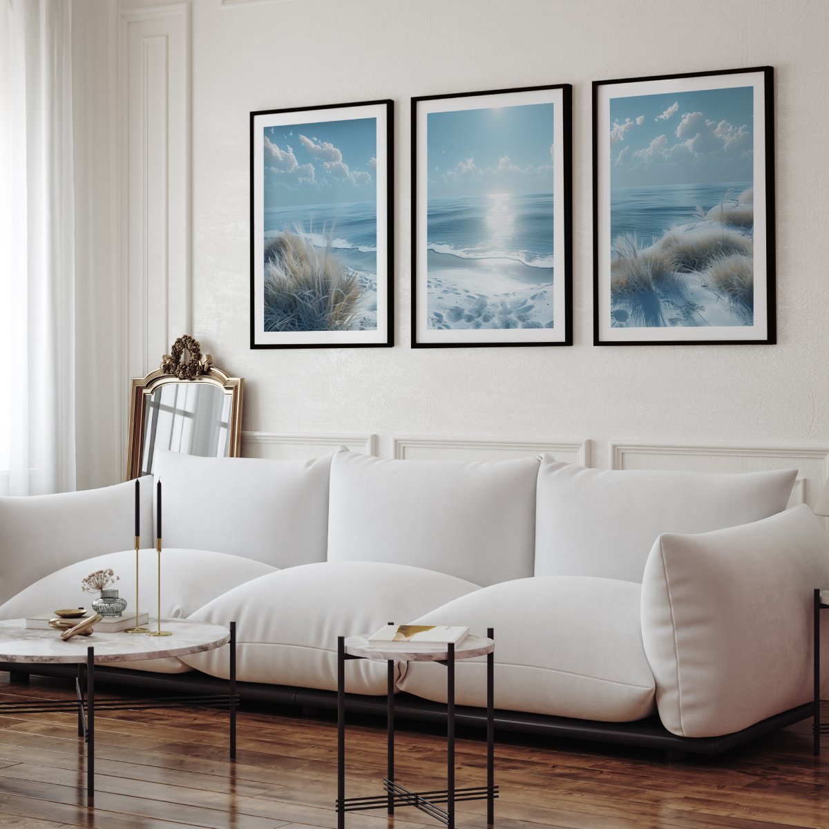 Sunny Beach Triptych with Cold Colors Viewed from a Cliff - Black Framed Poster with White Border - Artworksets