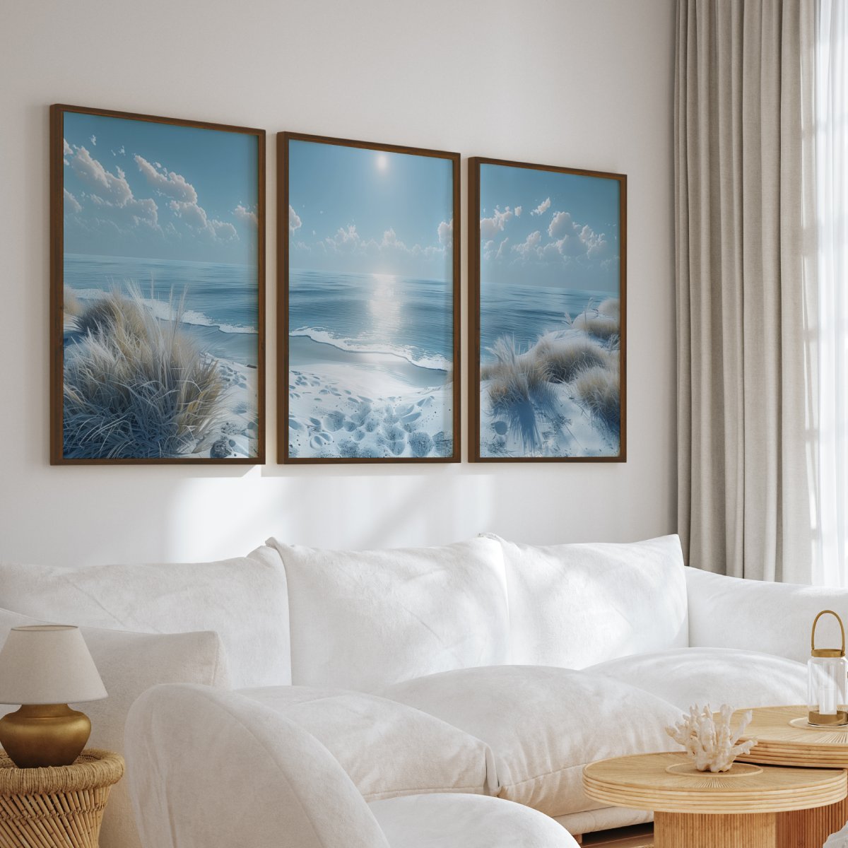 Sunny Beach Triptych with Cold Colors Viewed from a Cliff - Dark Brown Framed Poster No Border - Artworksets