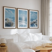 Sunny Beach Triptych with Cold Colors Viewed from a Cliff - Dark Brown Framed Poster with White Border - Artworksets