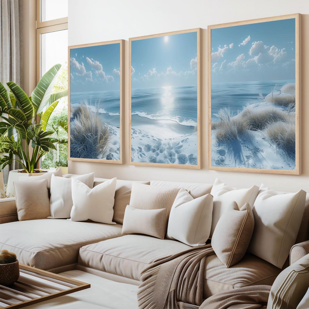 Sunny Beach Triptych with Cold Colors Viewed from a Cliff - Natural Wood Framed Poster No Border - Artworksets