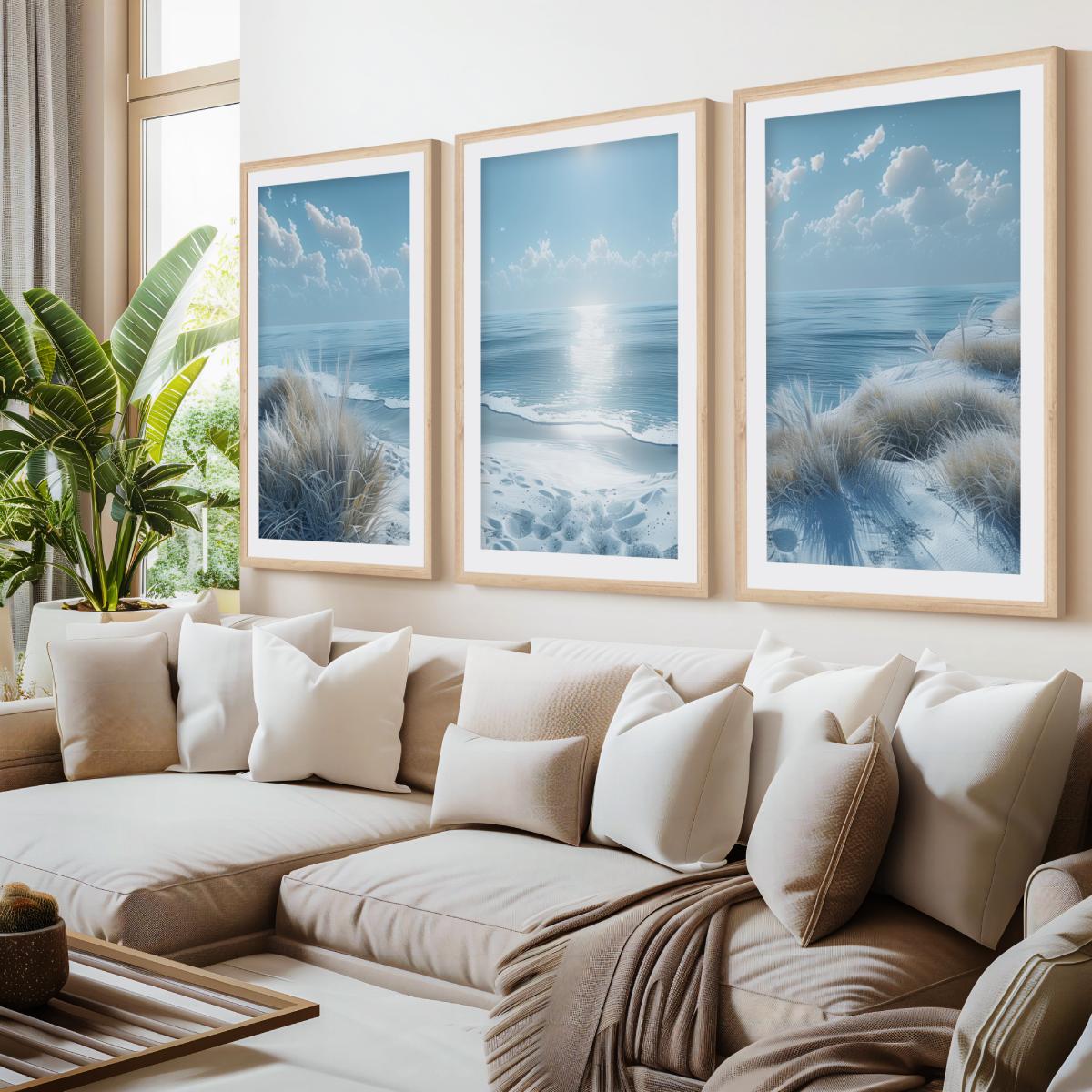 Sunny Beach Triptych with Cold Colors Viewed from a Cliff- Natural Wood Framed Poster with White Border - Artworksets