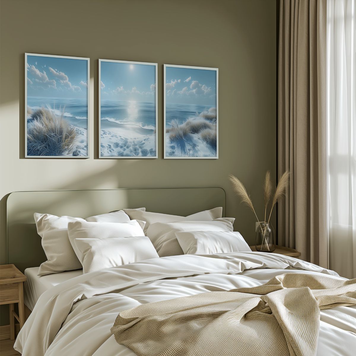 Sunny Beach Triptych with Cold Colors Viewed from a Cliff - White Framed Poster No Border - Artworksets