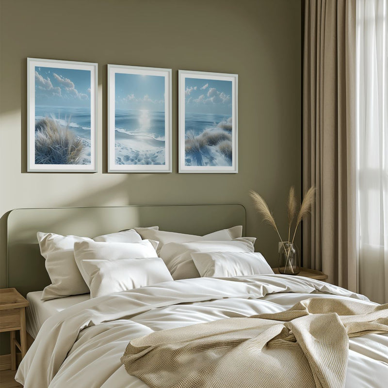 Sunny Beach Triptych with Cold Colors Viewed from a Cliff - White Framed Poster with White Border - Artworksets
