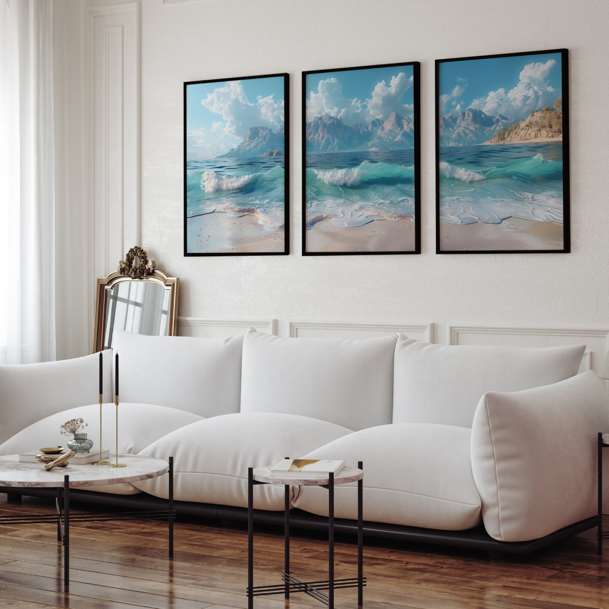 Sunny Beach Triptych with Gentle Waves and Distant Mountains - Black Framed Poster No Border - Artworksets