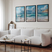 Sunny Beach Triptych with Gentle Waves and Distant Mountains - Black Framed Poster No Border - Artworksets