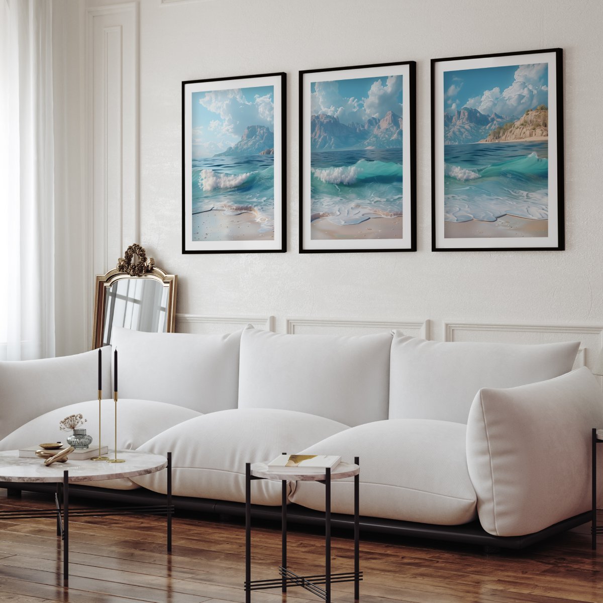 Sunny Beach Triptych with Gentle Waves and Distant Mountains - Black Framed Poster with White Border - Artworksets