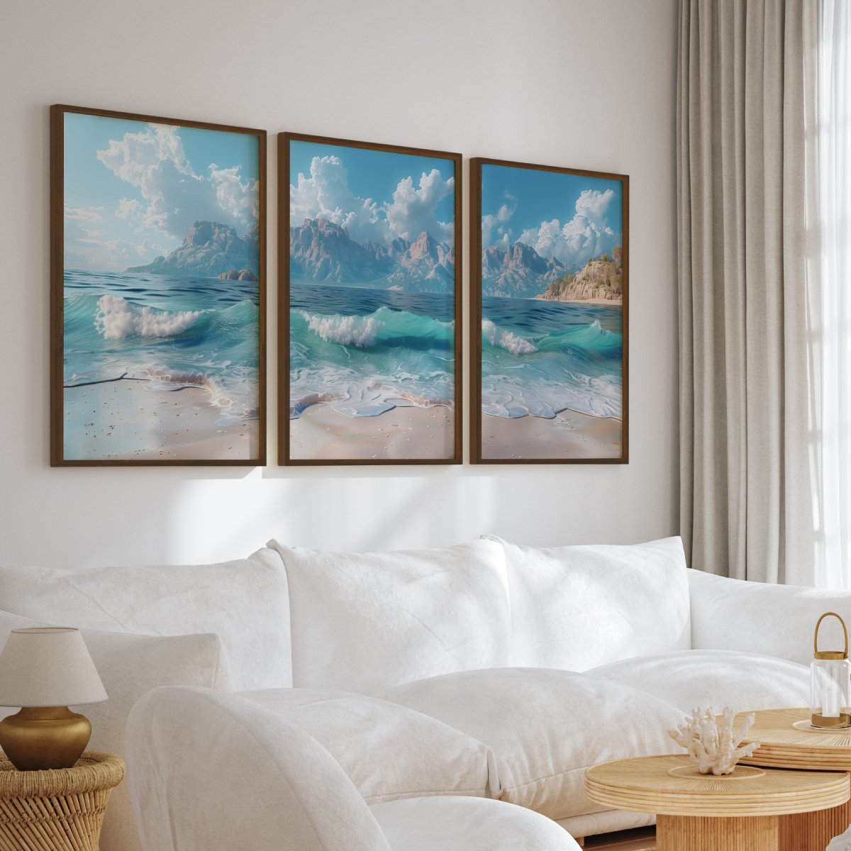 Sunny Beach Triptych with Gentle Waves and Distant Mountains - Dark Brown Framed Poster No Border - Artworksets