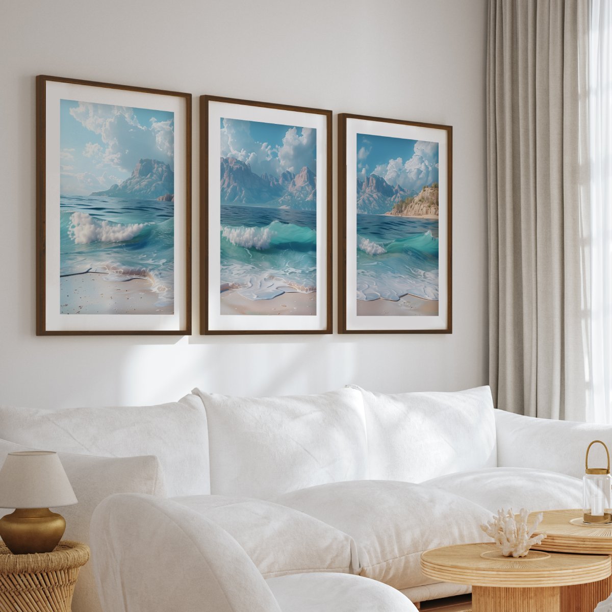 Sunny Beach Triptych with Gentle Waves and Distant Mountains - Dark Brown Framed Poster with White Border - Artworksets