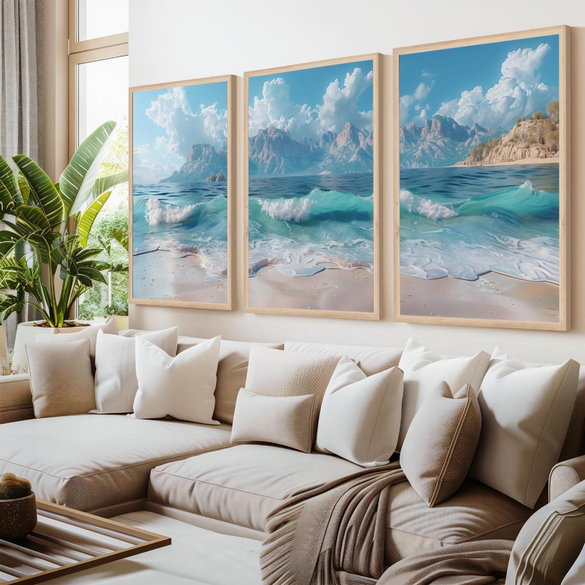 Sunny Beach Triptych with Gentle Waves and Distant Mountains - Natural Wood Framed Poster No Border - Artworksets