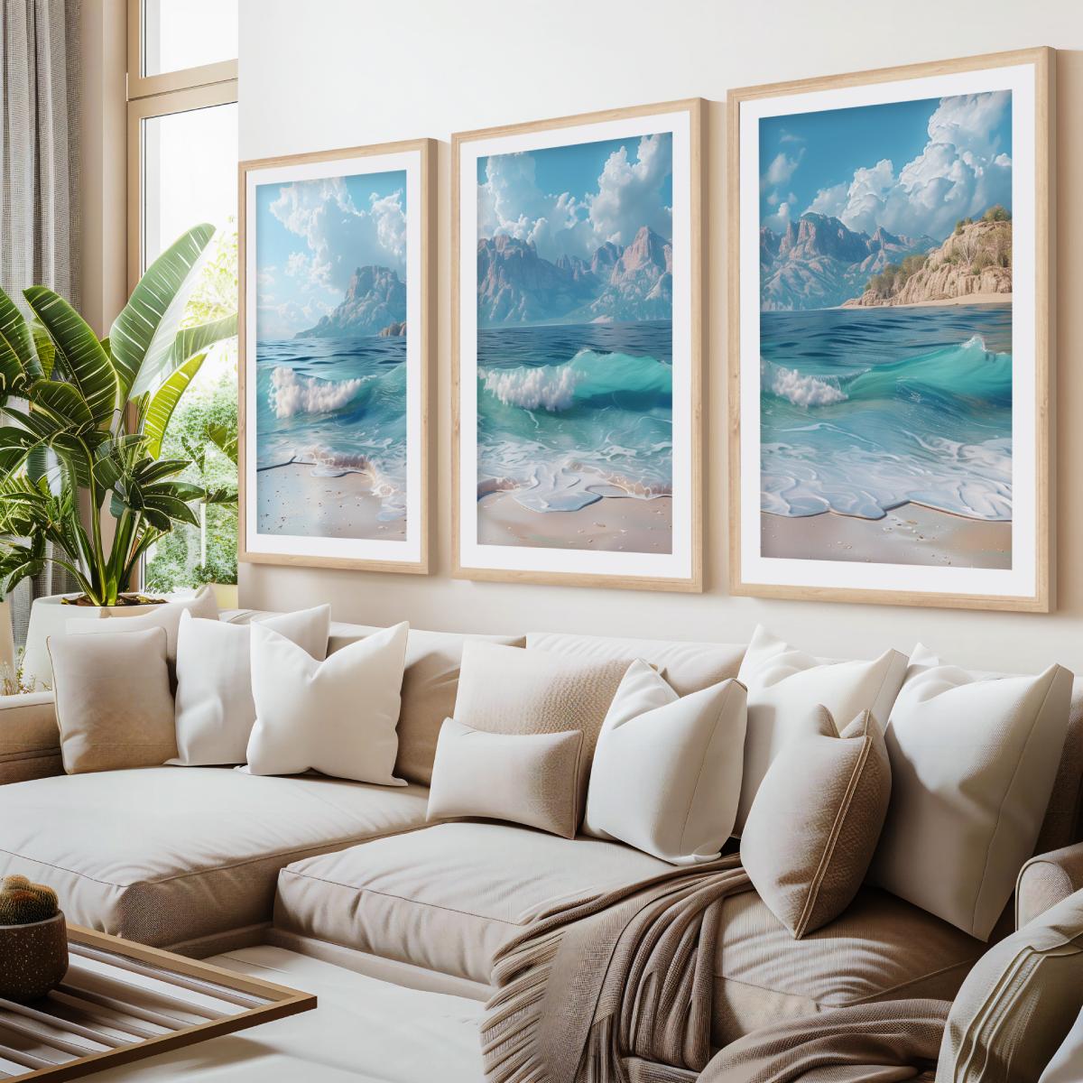 Sunny Beach Triptych with Gentle Waves and Distant Mountains- Natural Wood Framed Poster with White Border - Artworksets