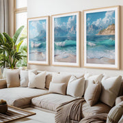 Sunny Beach Triptych with Gentle Waves and Distant Mountains- Natural Wood Framed Poster with White Border - Artworksets