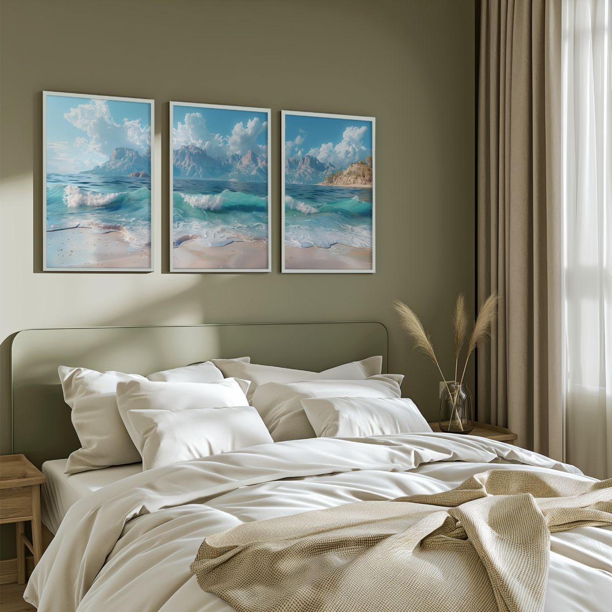 Sunny Beach Triptych with Gentle Waves and Distant Mountains - White Framed Poster No Border - Artworksets