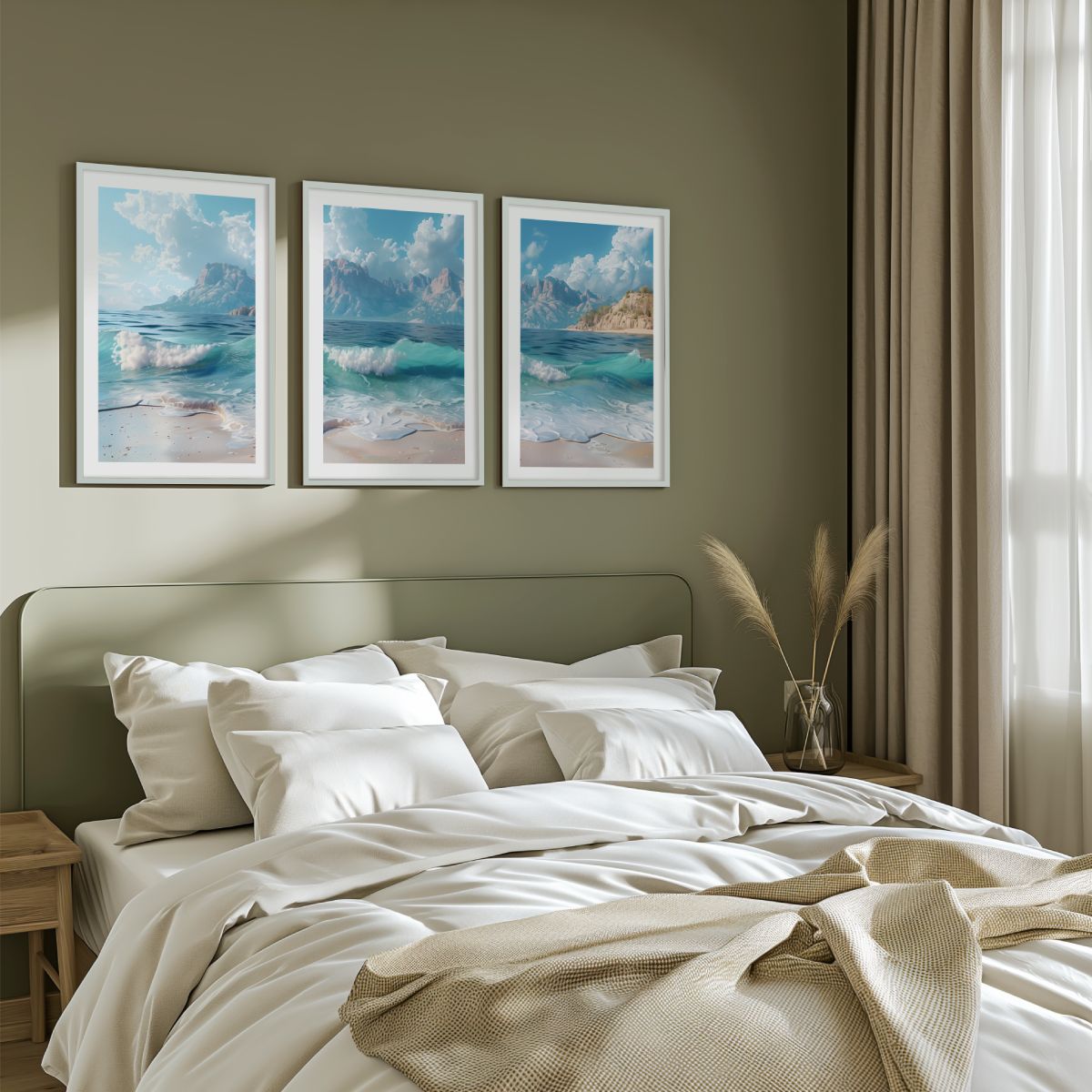 Sunny Beach Triptych with Gentle Waves and Distant Mountains - White Framed Poster with White Border - Artworksets