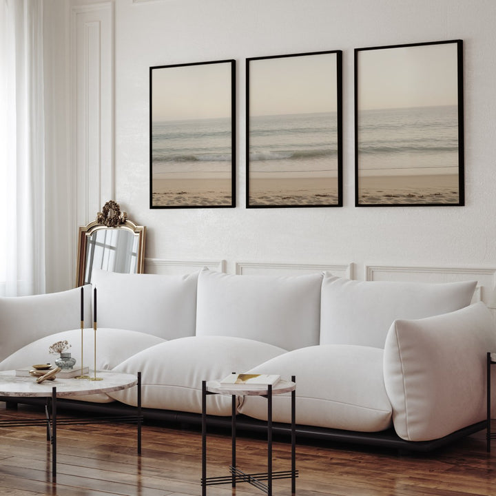 Sunny Evening Beach Triptych with Warm Daylight Colors - Black Framed Poster No Border - Artworksets