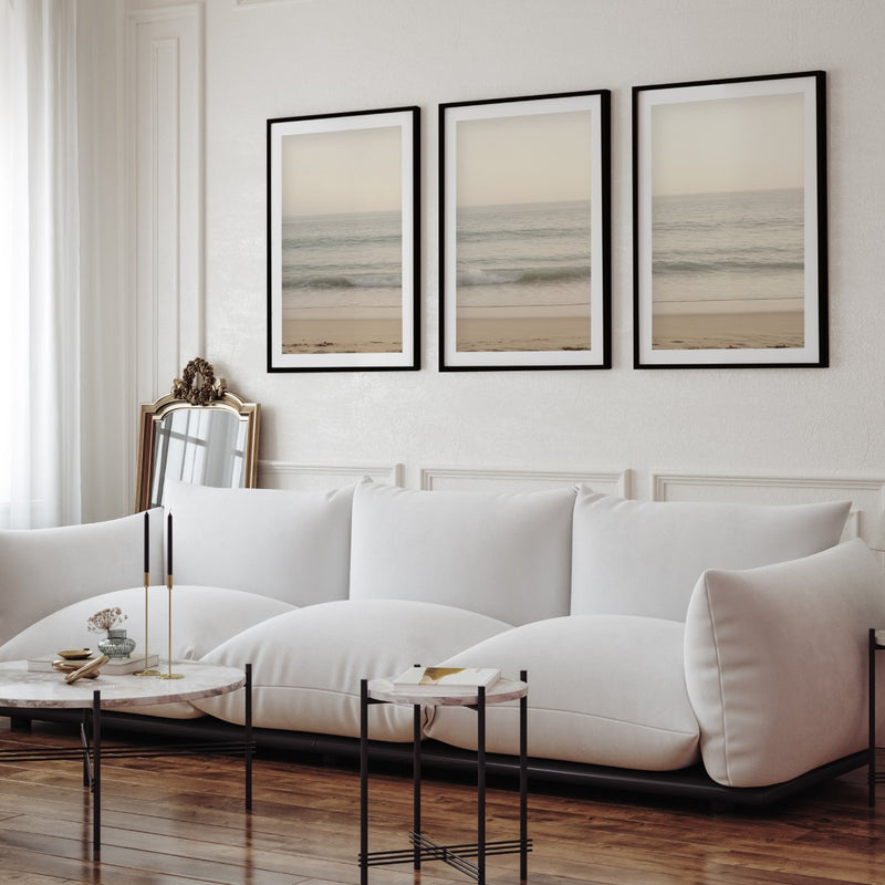 Sunny Evening Beach Triptych with Warm Daylight Colors - Black Framed Poster with White Border - Artworksets
