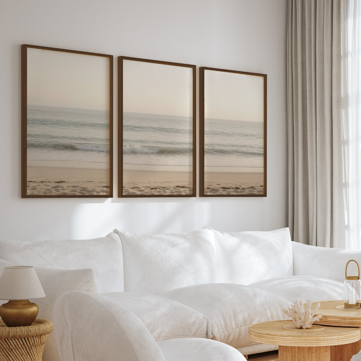 Sunny Evening Beach Triptych with Warm Daylight Colors - Dark Brown Framed Poster No Border - Artworksets