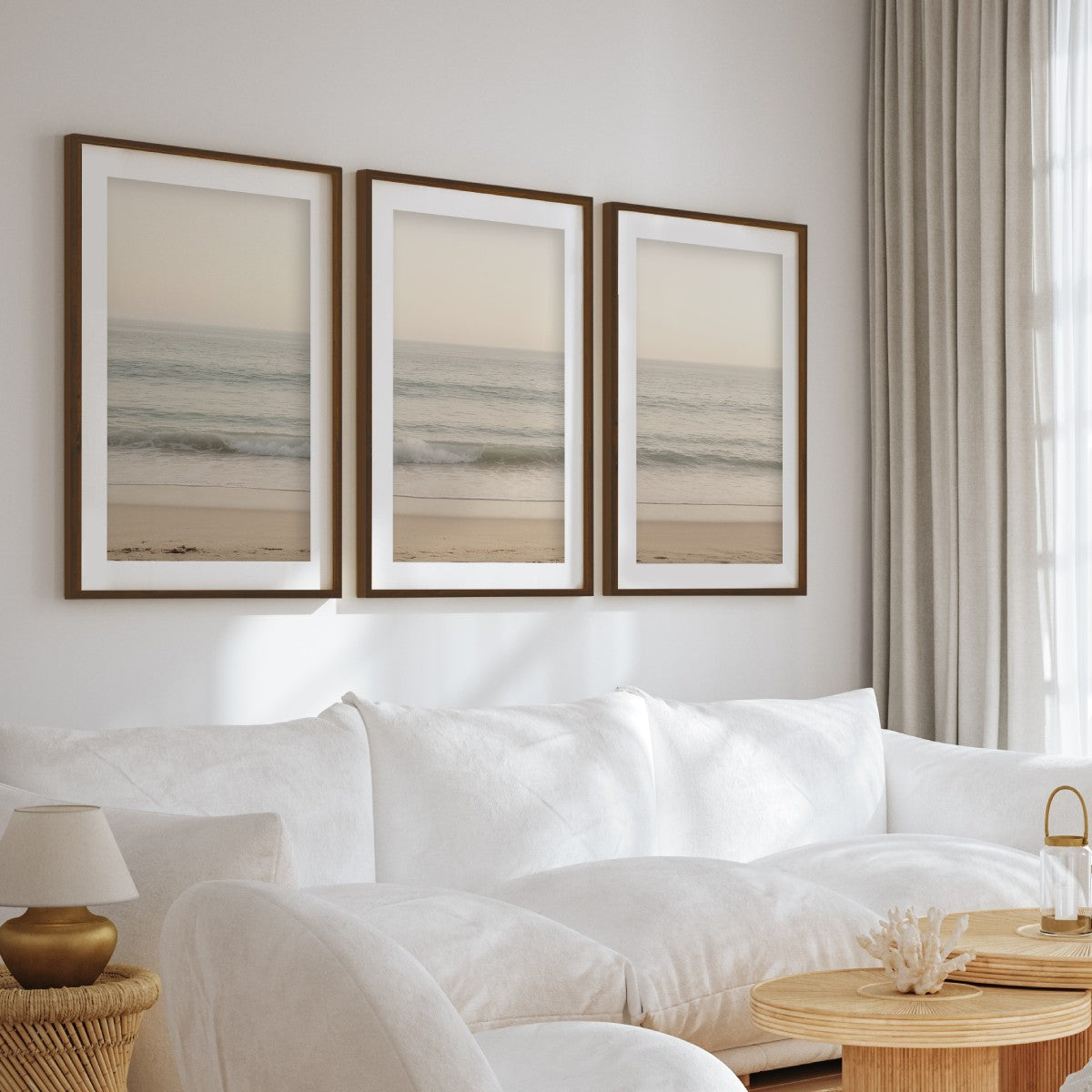 Sunny Evening Beach Triptych with Warm Daylight Colors - Dark Brown Framed Poster with White Border - Artworksets