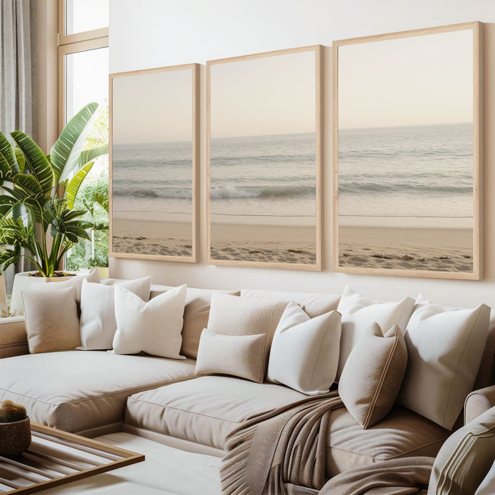 Sunny Evening Beach Triptych with Warm Daylight Colors - Natural Wood Framed Poster No Border - Artworksets