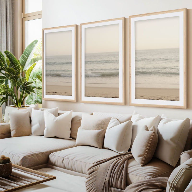 Sunny Evening Beach Triptych with Warm Daylight Colors- Natural Wood Framed Poster with White Border - Artworksets